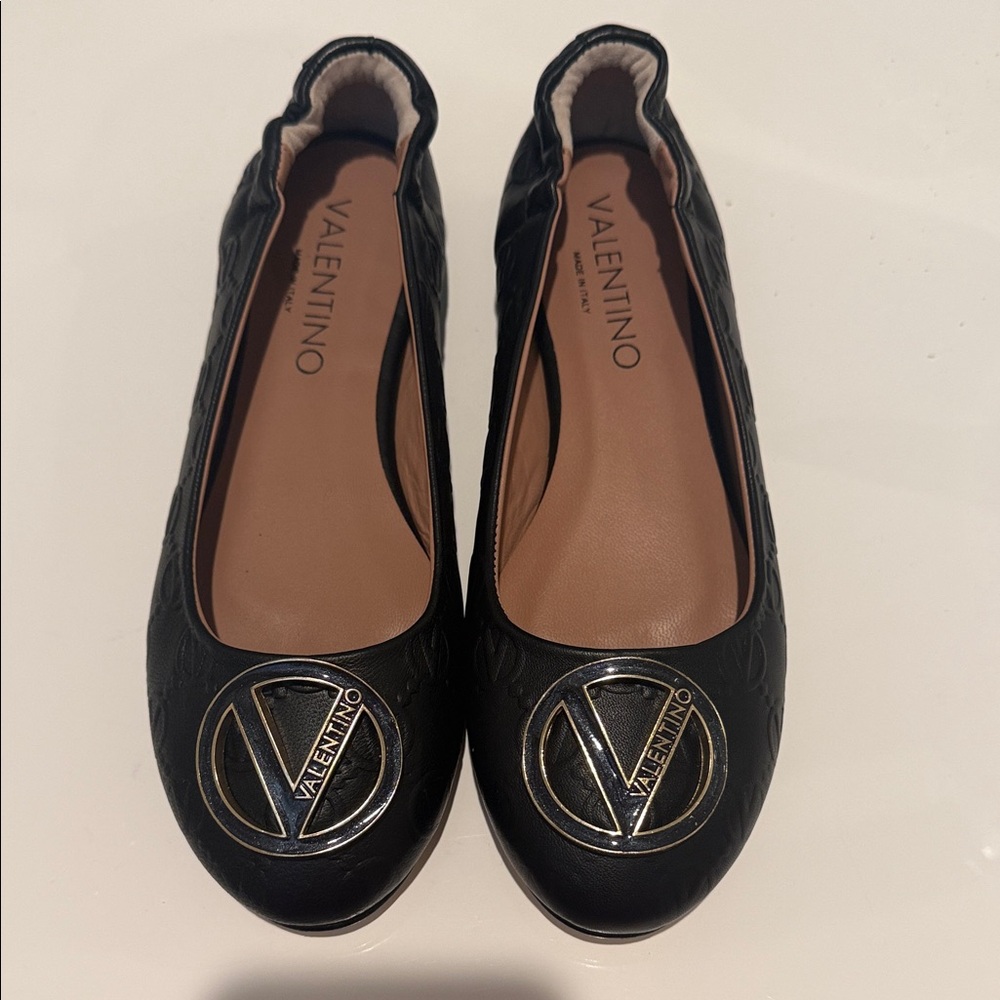 Valentino Black Flats with Gold Logo